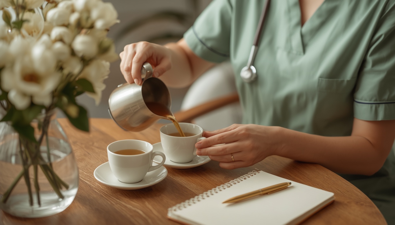 A nurse's hands pouring tea into two cups at a warm wood table set with fresh white flowers, a stethoscope visible on her scrubs.
