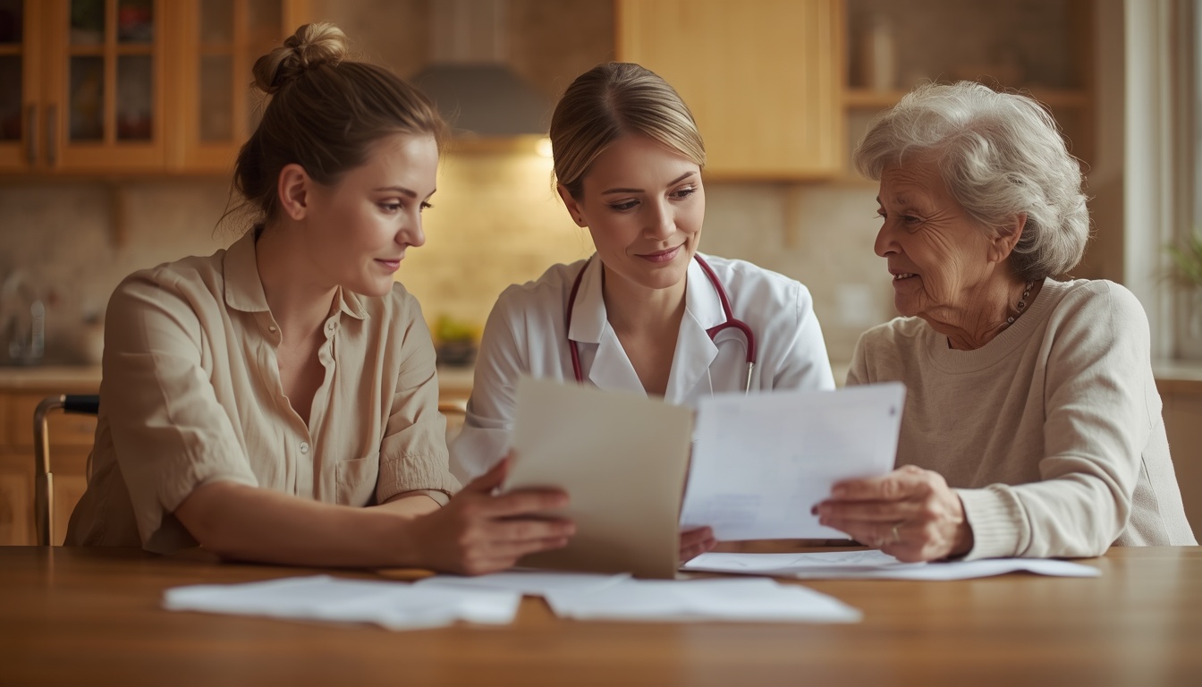 A registered nurse reviewing paperwork with an adult daughter and her aging parent at a kitchen table while discussing in-home care options.