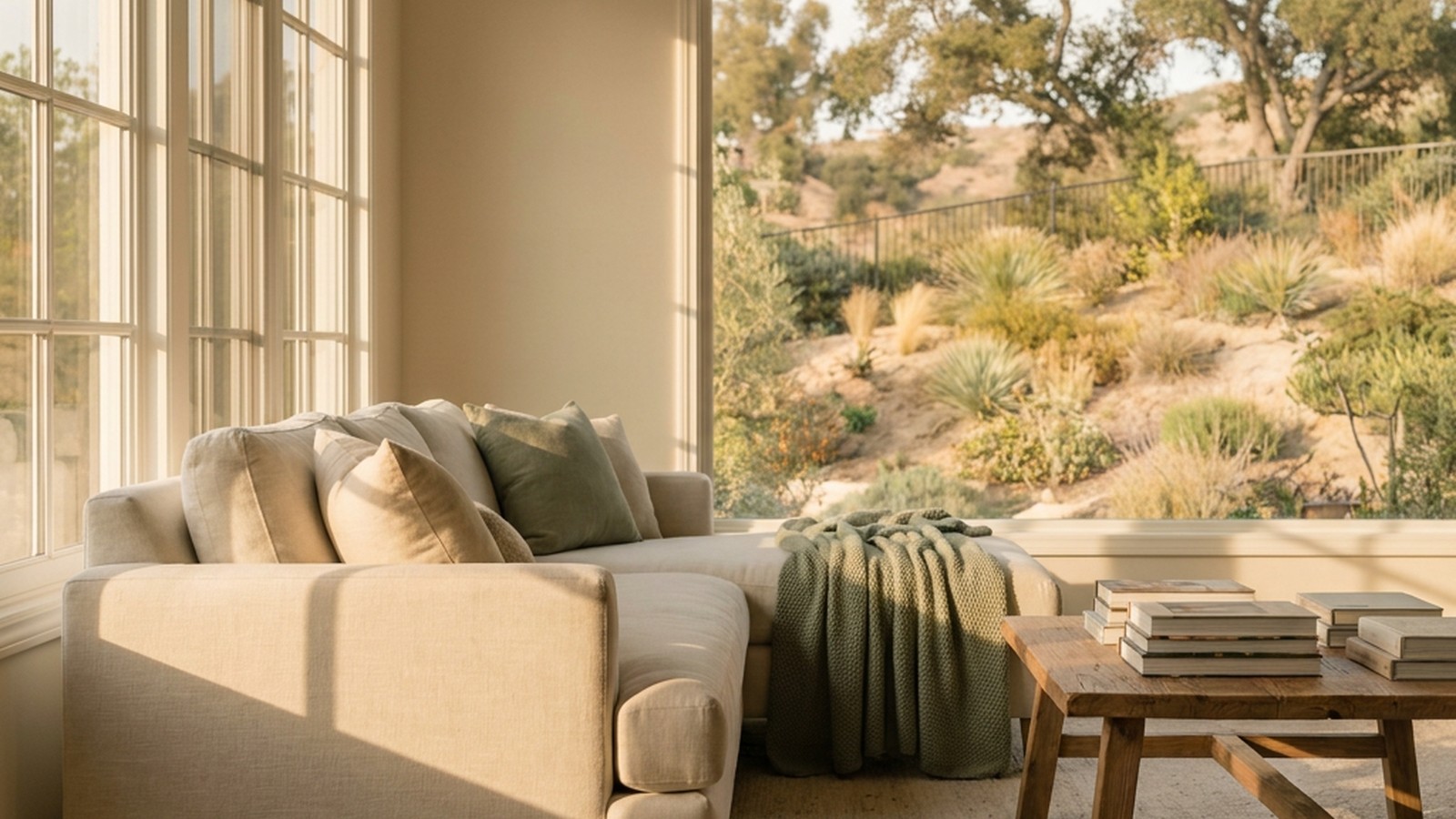 A sunlit living room with a linen sofa and a view of hillside landscaping through tall windows, evoking the quiet, residential character of Anaheim Hills.