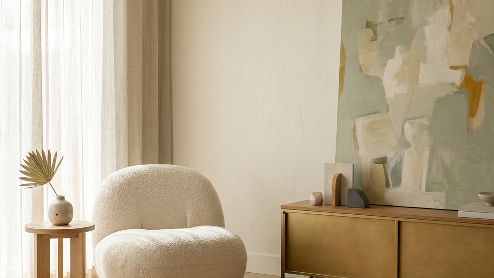 A bright, design-forward living room with a curved cream armchair and abstract art, reflecting Costa Mesa's identity as a center for arts and culture.