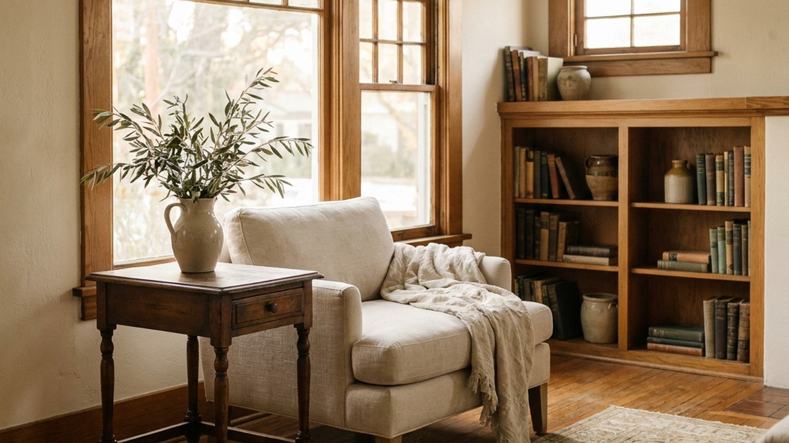 A cozy living room with a vintage wood side table and built-in bookshelves, evoking the historic character of Old Town Tustin.