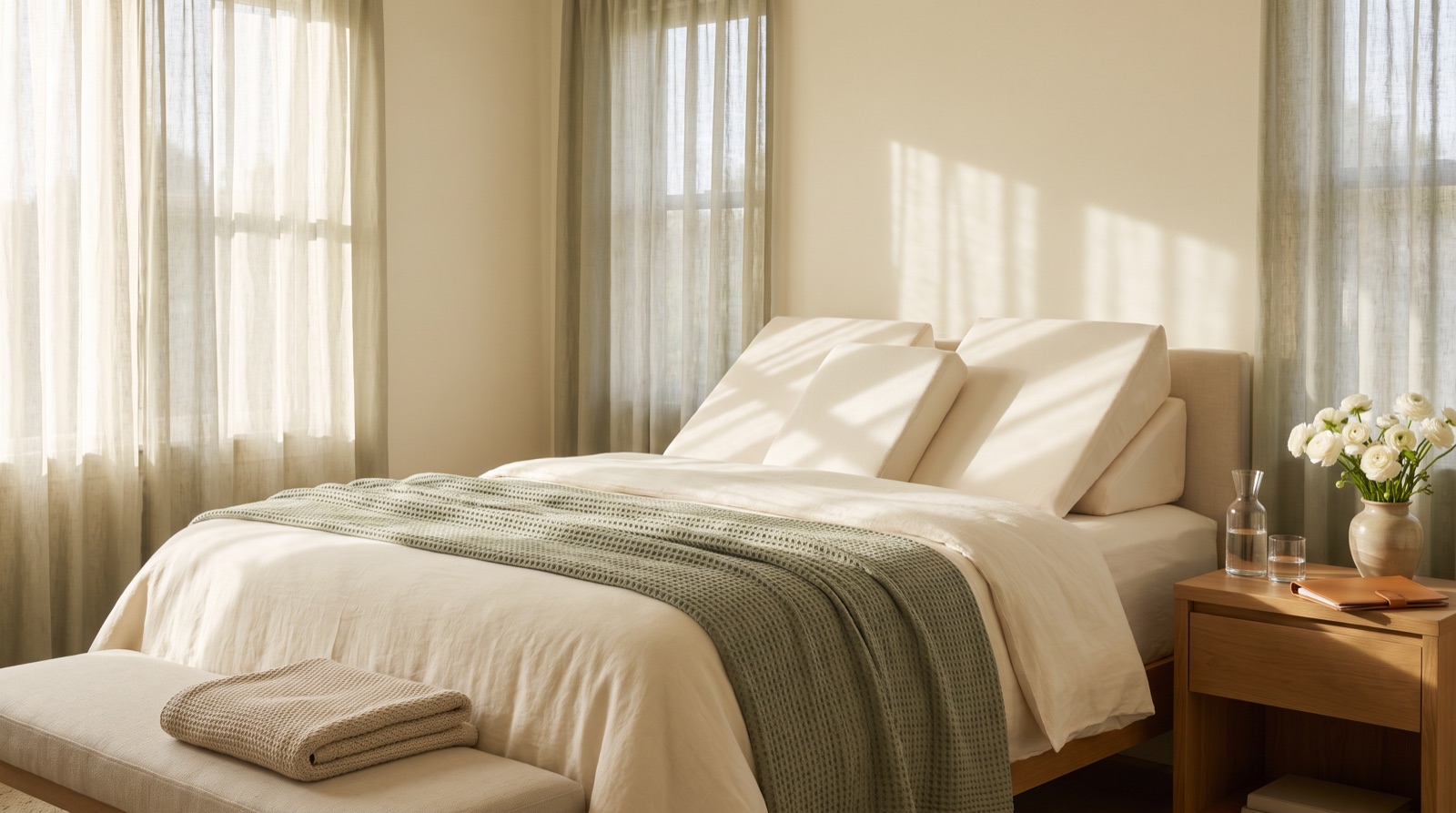 A sunlit recovery bedroom with cream linen bedding, foam wedge pillows arranged for side-lying rest, and a nightstand with water and white ranunculus.