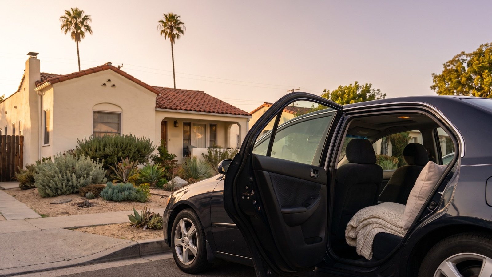 A car parked outside a Spanish-style Los Angeles home at golden hour, rear door open with a pillow and blanket waiting on the seat.