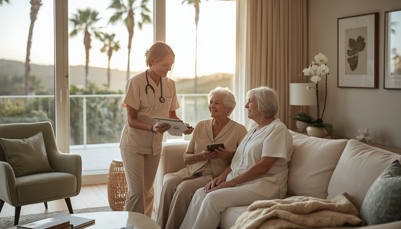 A nurse in beige scrubs with a stethoscope holds a tablet and talks with two smiling older women on a sofa, in a bright living room with palm trees outside
