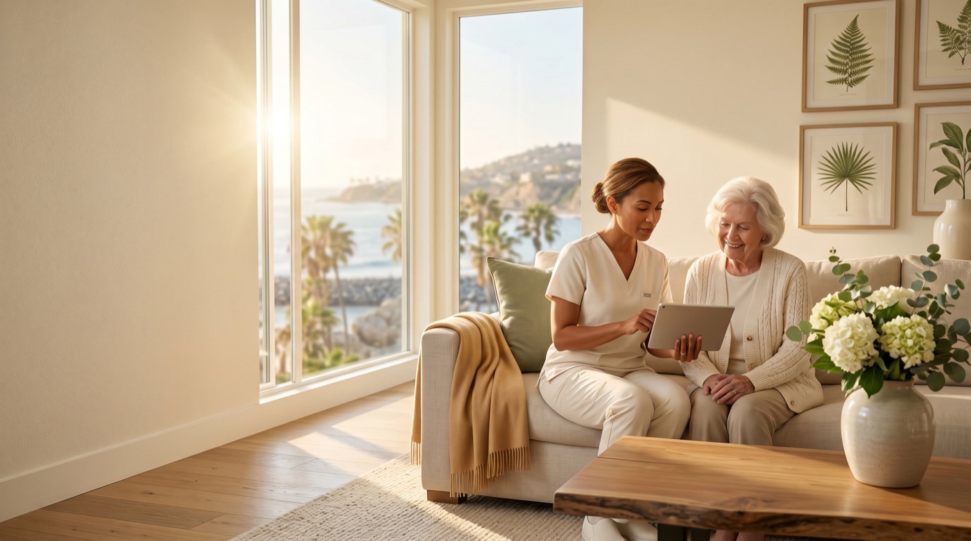 A nurse in cream scrubs sits on a sofa beside an older woman and shows her a tablet, in a sunlit living room with an ocean view and palm trees through tall windows