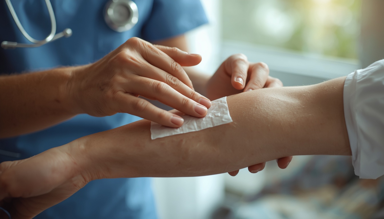 A registered nurse performing skilled wound care for a patient at home