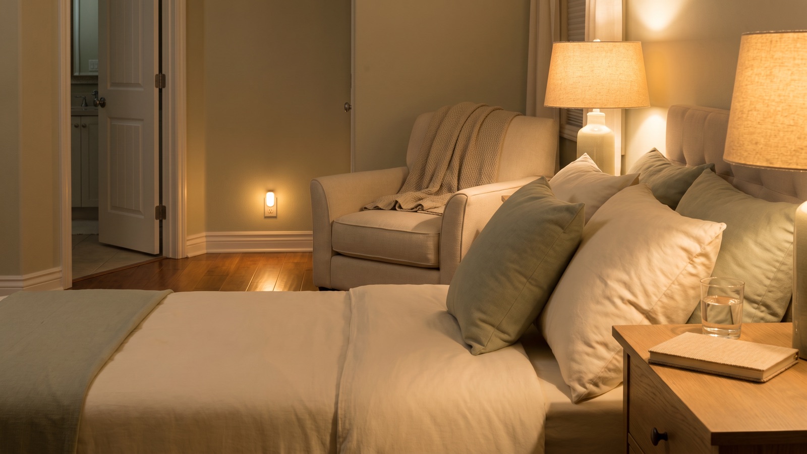 A quietly lit bedroom at night prepared for recovery, with pillows propped on the bed, a glass of water on the nightstand and a night light glowing along the path to the bathroom.
