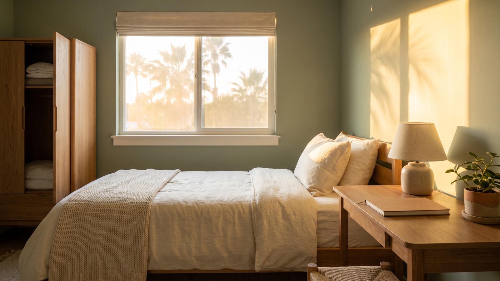 A calm guest bedroom in late afternoon light with a made bed, a small desk with a reading lamp and palm trees visible through the window.