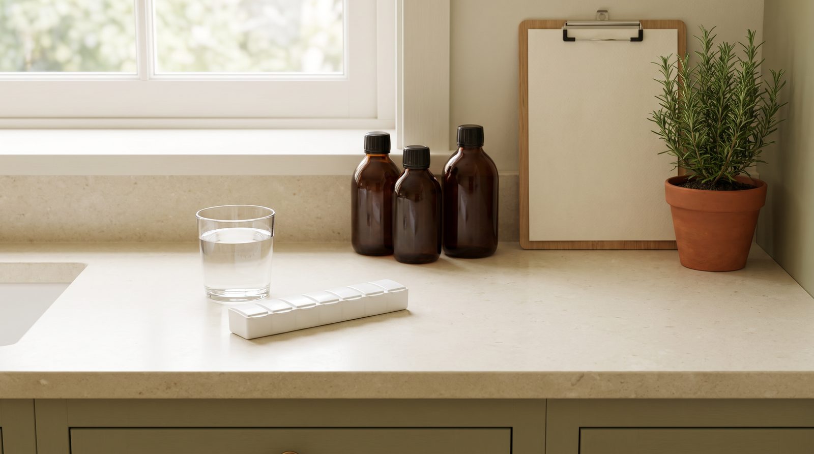 A tidy kitchen counter with a glass of water, a plain weekly pill organizer, three amber bottles and a blank clipboard by a window.