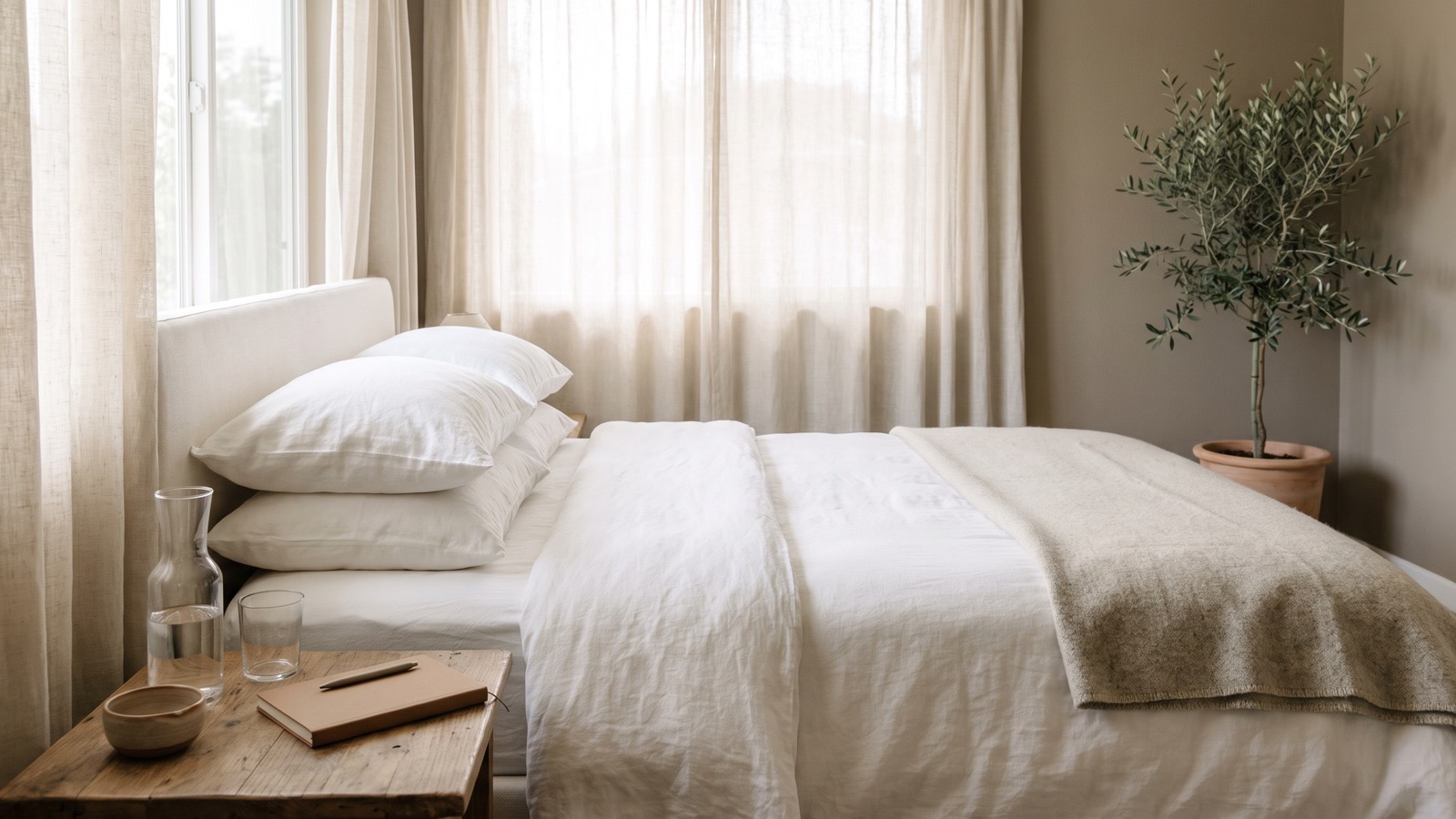 A calm, sunlit bedroom prepared for recovery at home, with extra pillows on the bed and a water carafe on the nightstand.