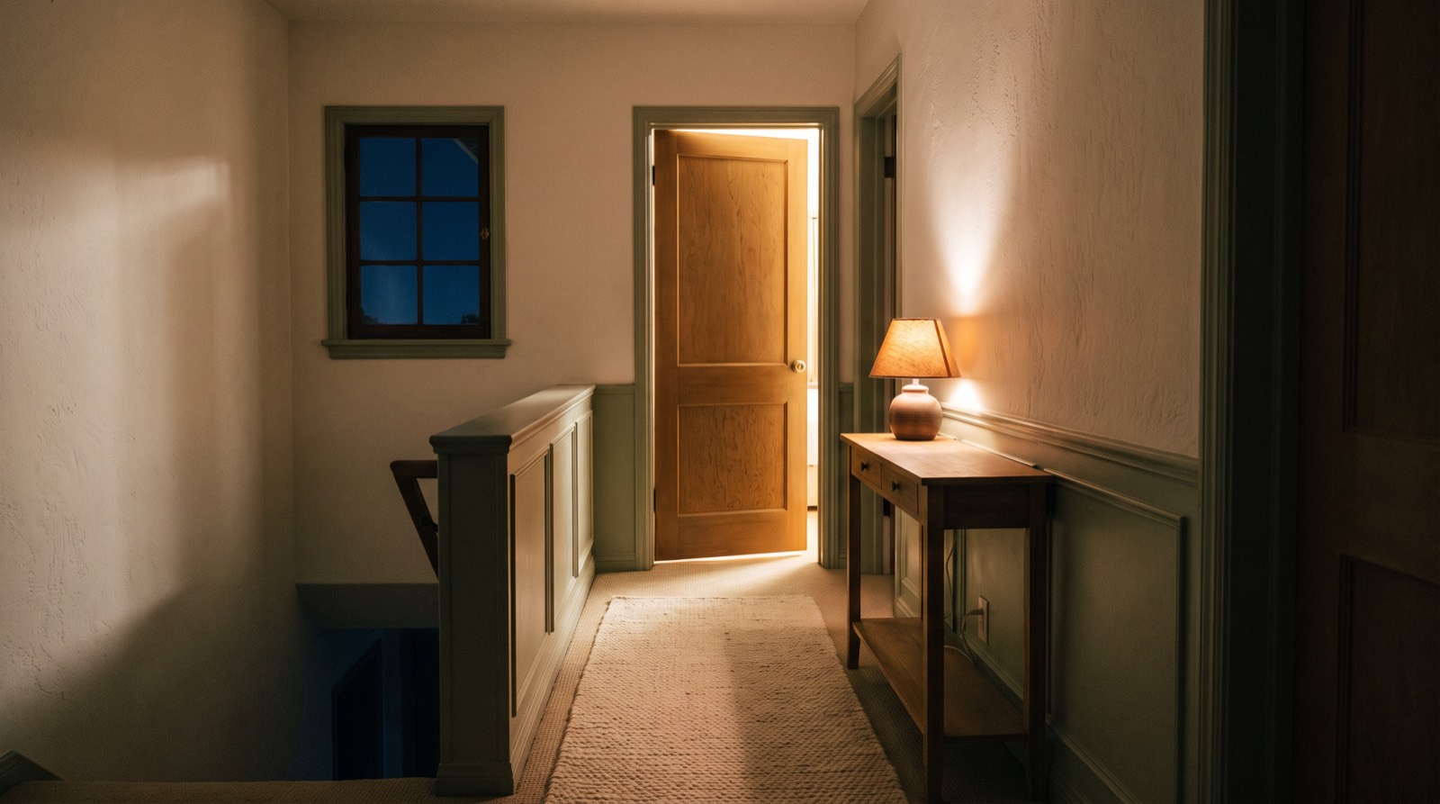 An upstairs hallway at night lit by a single table lamp, with warm light spilling from a bedroom door left ajar at the end of the hall.