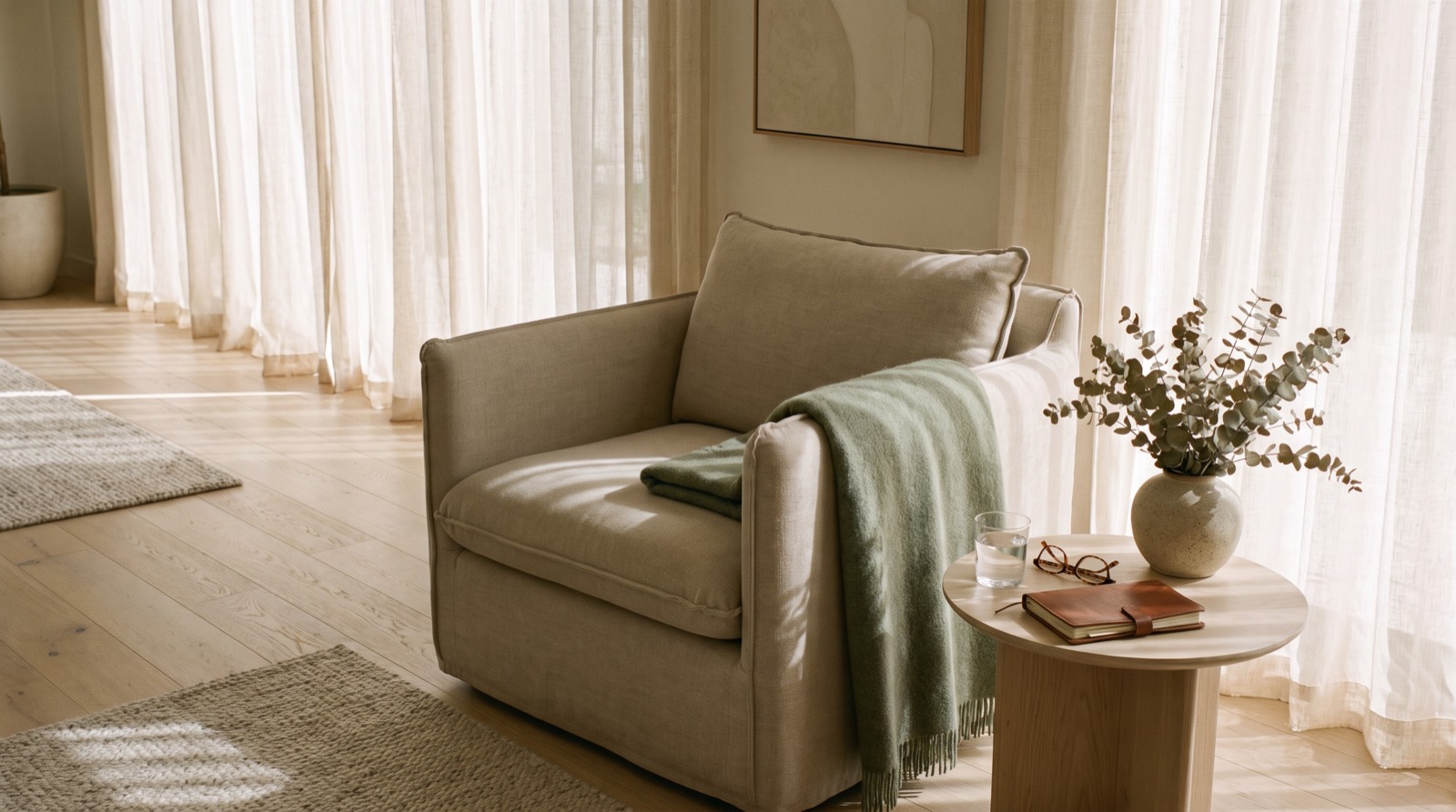 A sunlit living room with a linen armchair, a sage green wool throw folded over the arm, and a side table holding a glass of water, reading glasses and a closed notebook.