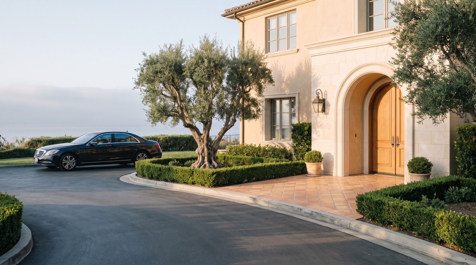 A dark sedan waiting on the driveway of a coastal California home at sunrise, beside an olive tree and clipped hedging at the arched front entry.