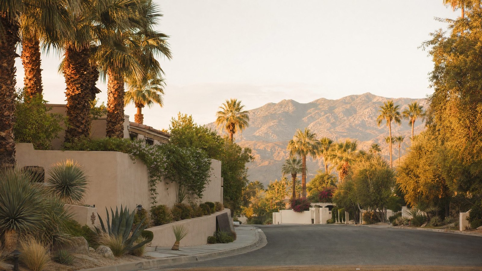 A quiet Coachella Valley residential street lined with palm trees at golden hour, with desert mountains in the distance.