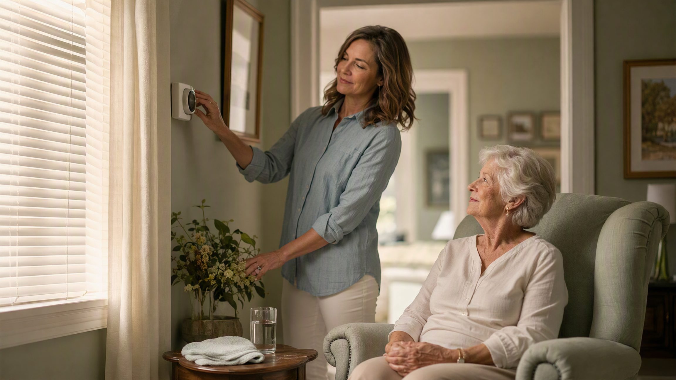An adult daughter adjusting the thermostat in a cool, softly lit living room while her elderly mother rests comfortably in an armchair near a shaded window.
