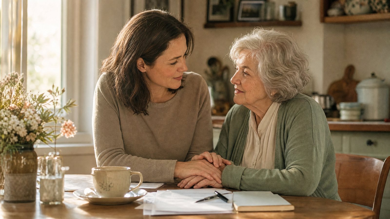 An adult daughter and her elderly mother sitting together at a sunlit kitchen table with tea and paperwork between them.
