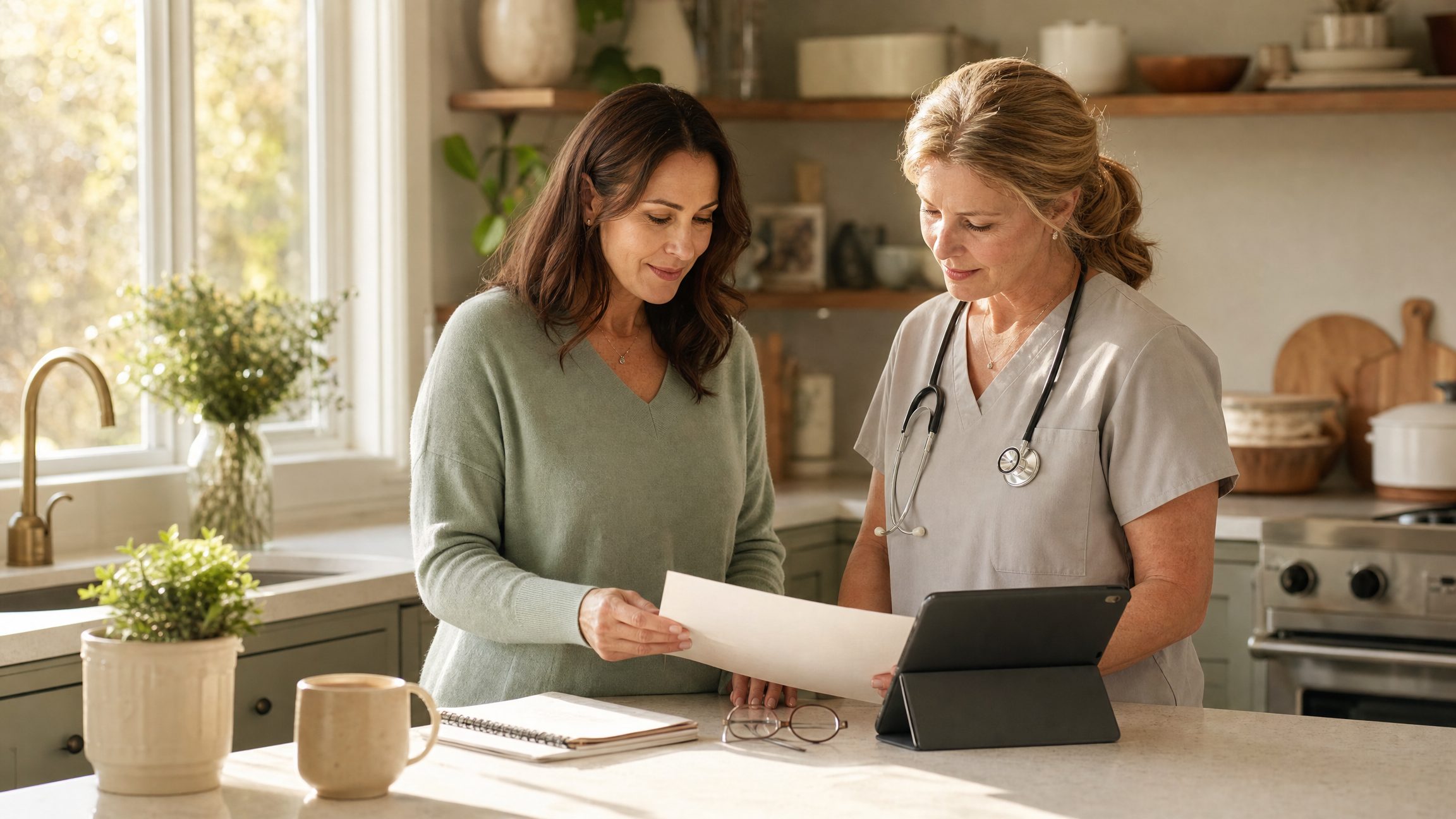 An adult daughter and a registered nurse reviewing printed information together at a bright kitchen counter.