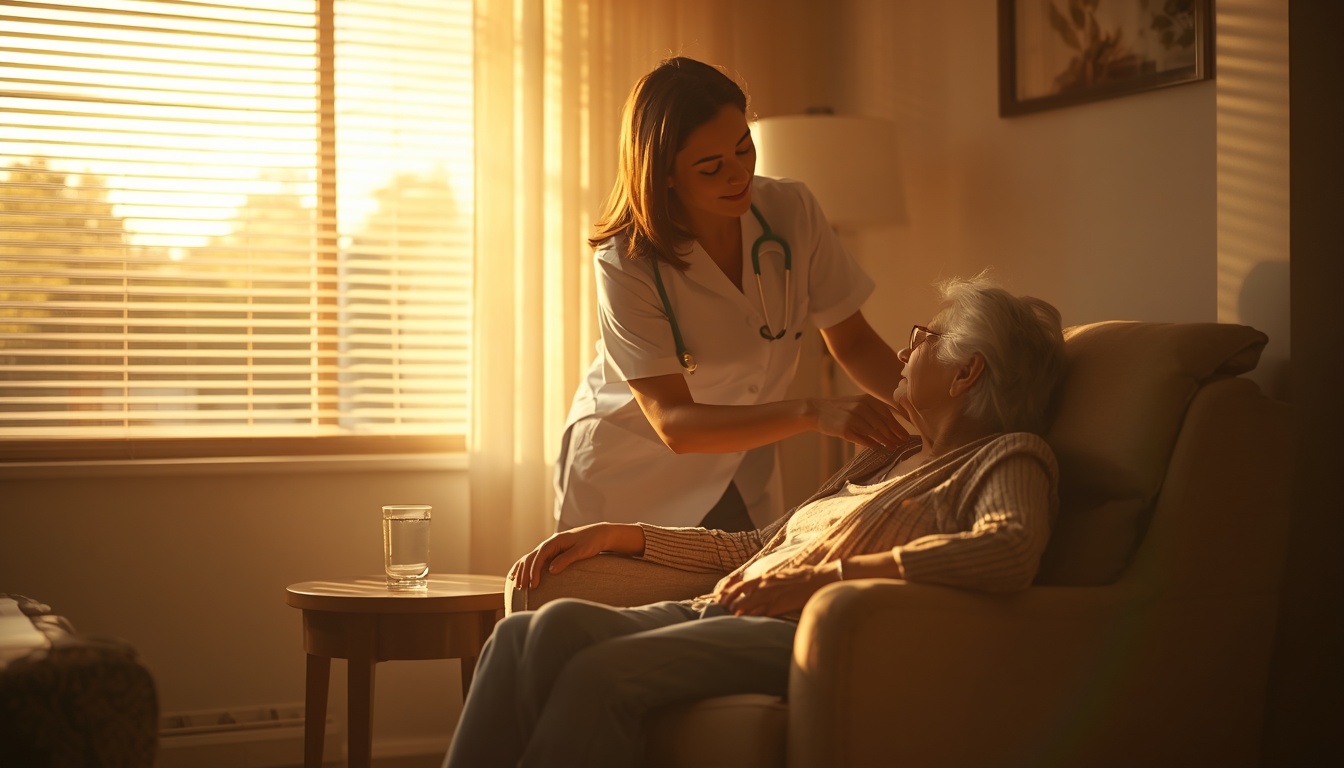 A registered nurse checking on an older woman resting in a shaded armchair at home during a heat wave, with a glass of water on the table beside her.