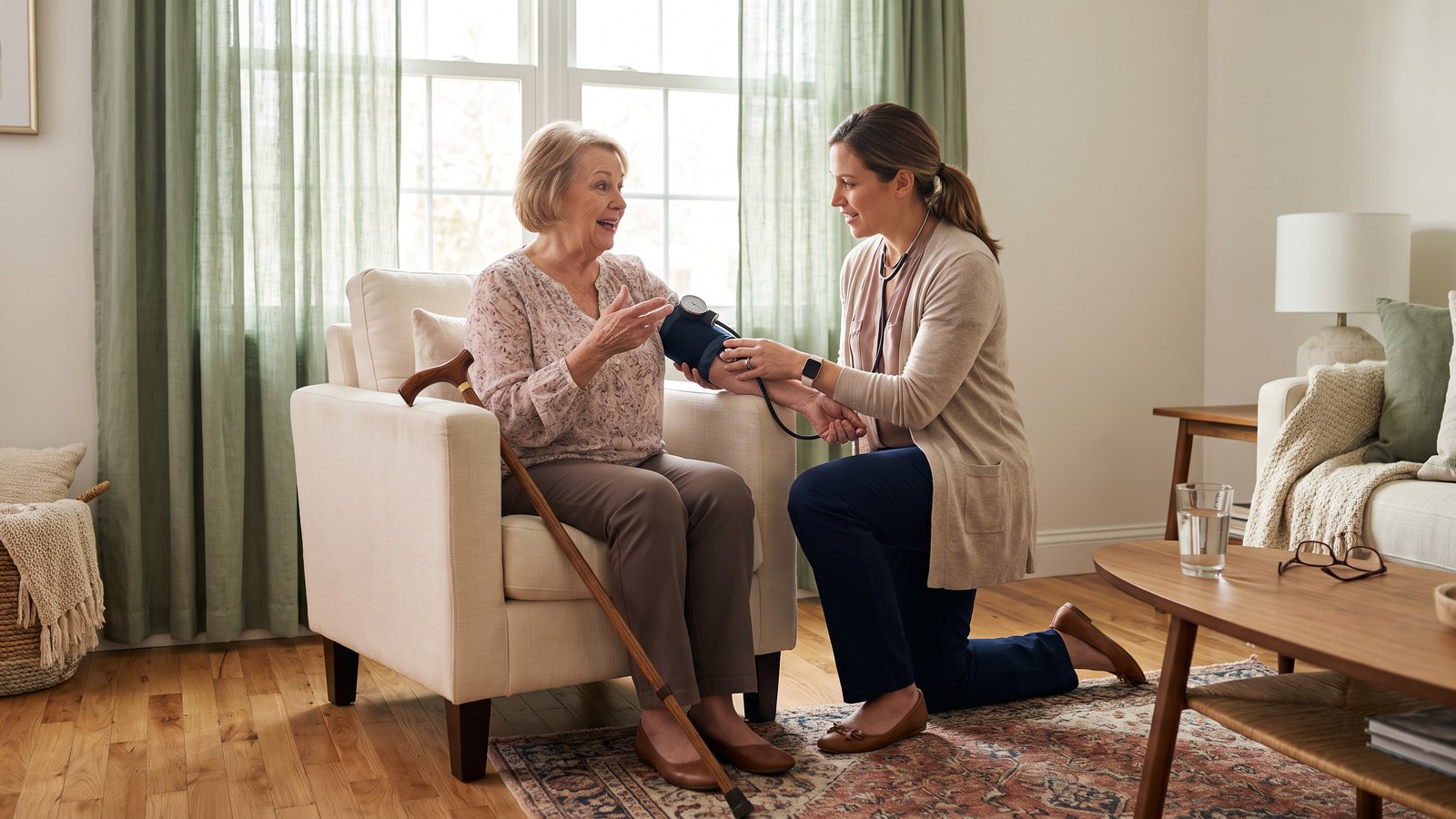 A Registered Nurse kneeling beside an older woman seated in an armchair at home, reviewing her care during an in-home assessment.