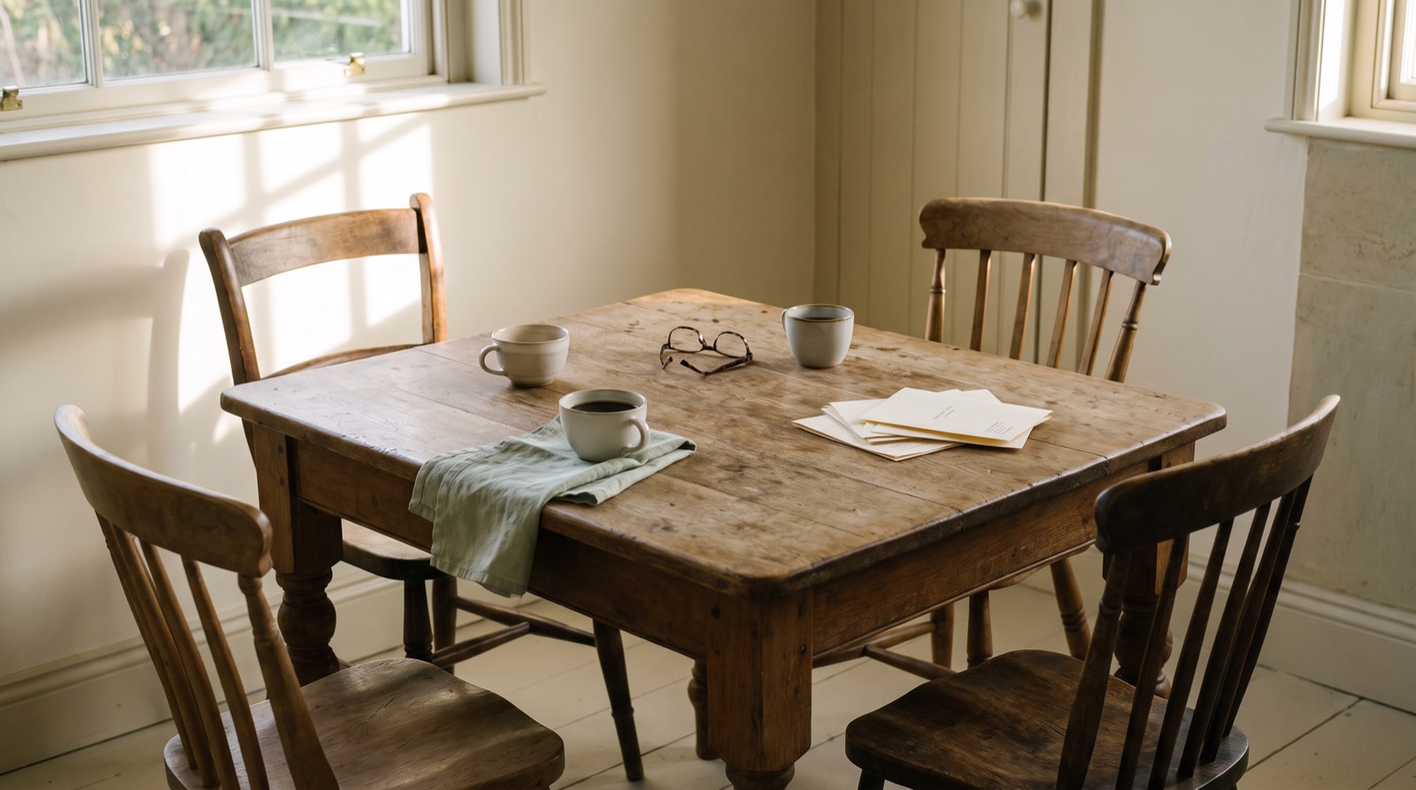 An empty oak kitchen table with four chairs pulled out at different angles, three coffee cups, reading glasses and a small stack of paperwork, lit by low late-afternoon light.