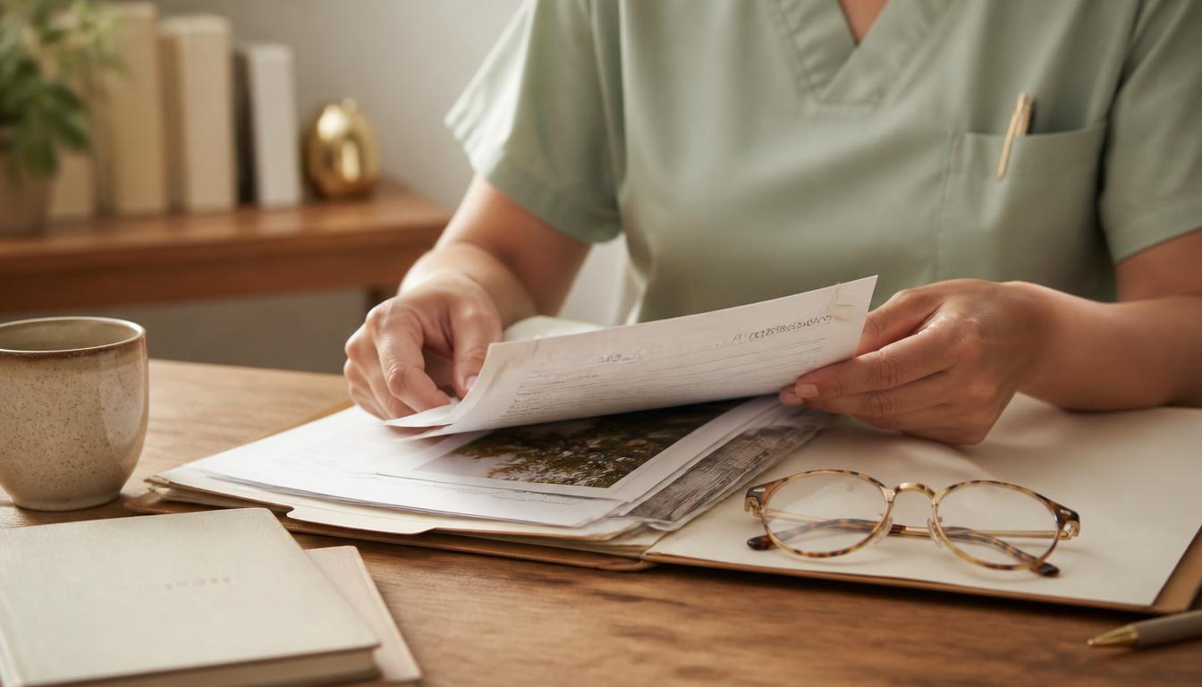 A registered nurse's hands reviewing a folder of care assessment documents at a desk, reading glasses resting beside the papers.