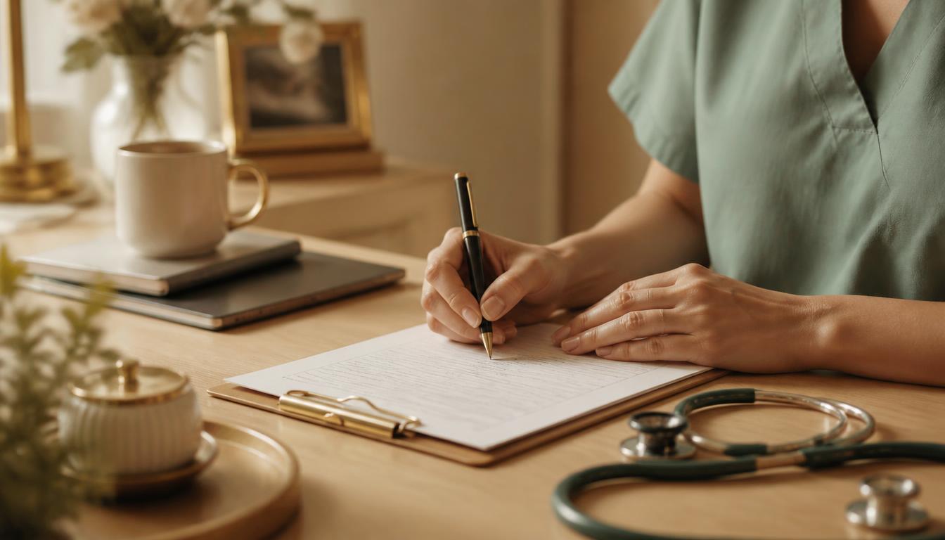A registered nurse's hands writing detailed clinical notes on a chart at a wood desk, a stethoscope resting nearby.