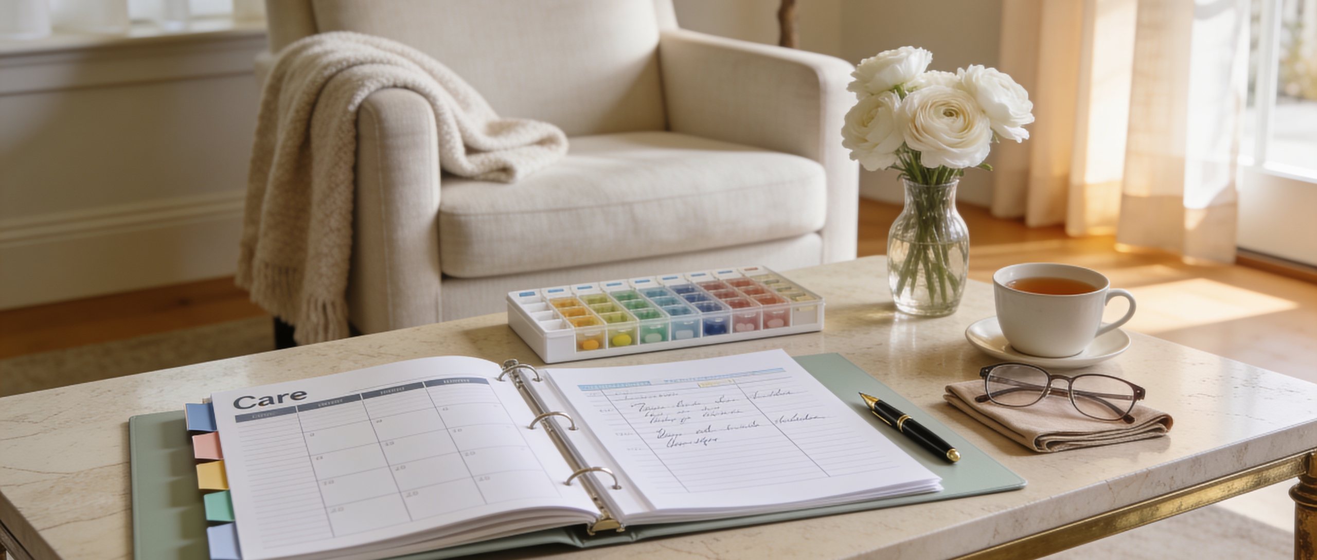 A care binder open to a weekly schedule beside a weekly medication organiser, handwritten notes, reading glasses and a cup of tea on a table in a sunlit living room