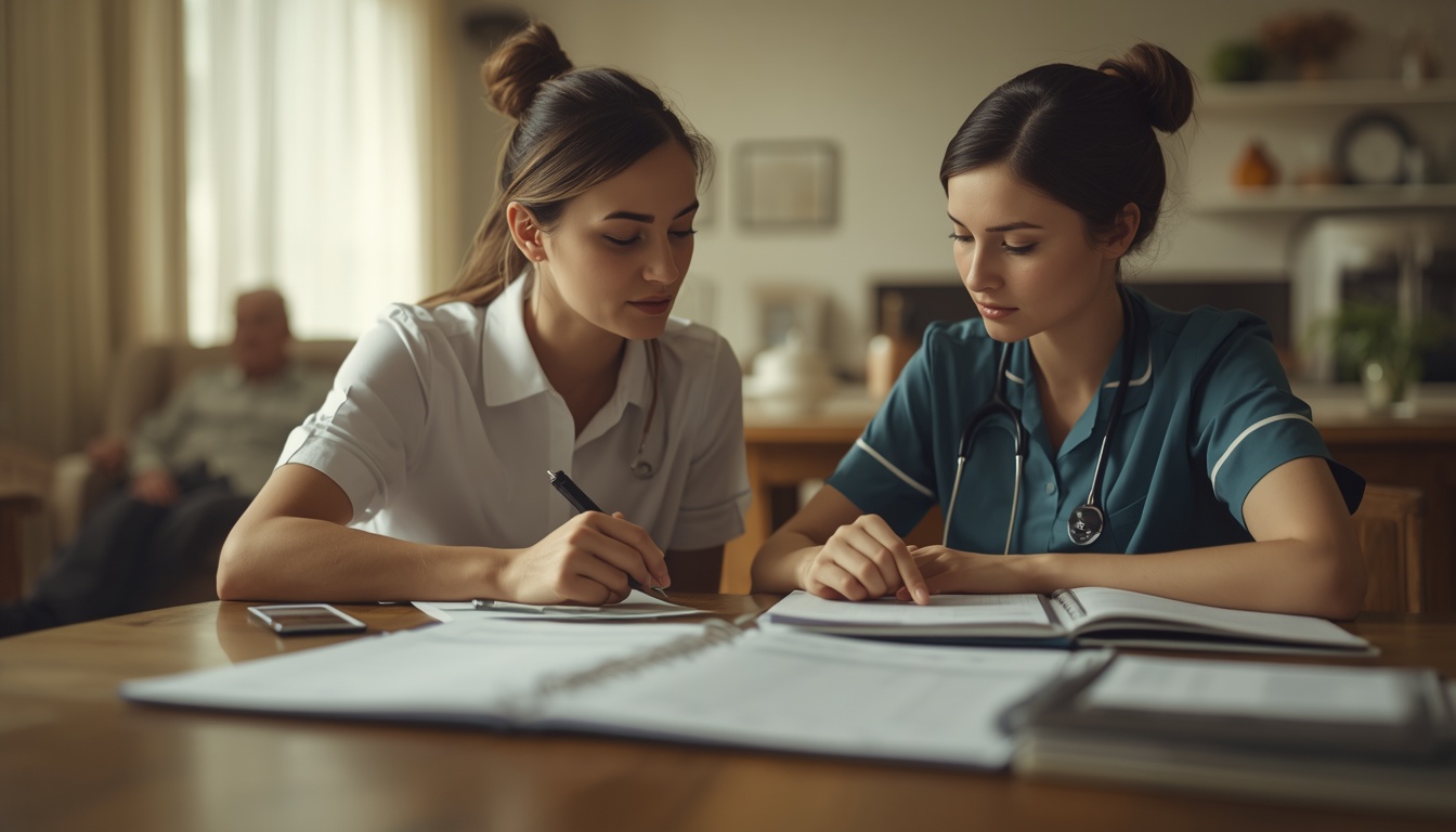 A registered nurse sitting at a kitchen table with an adult daughter, working through a written assessment of an older parent's daily care needs