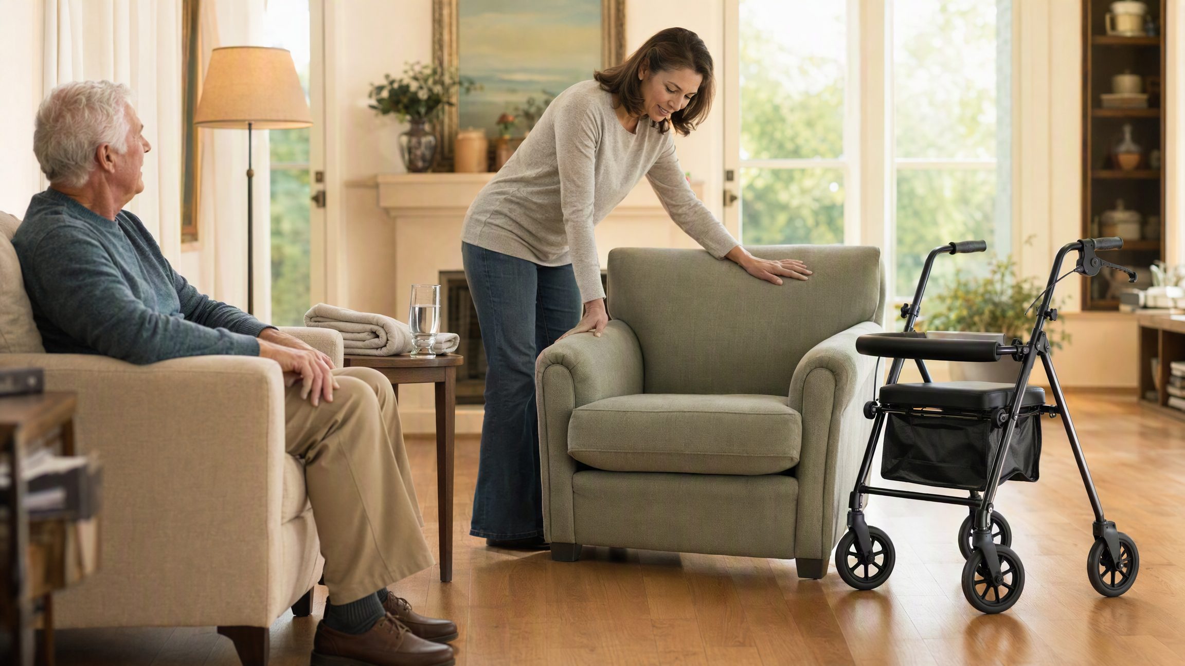 A tidy home living room prepared for recovery after joint replacement surgery, with a firm armchair, a front-wheeled walker and clear walking paths.