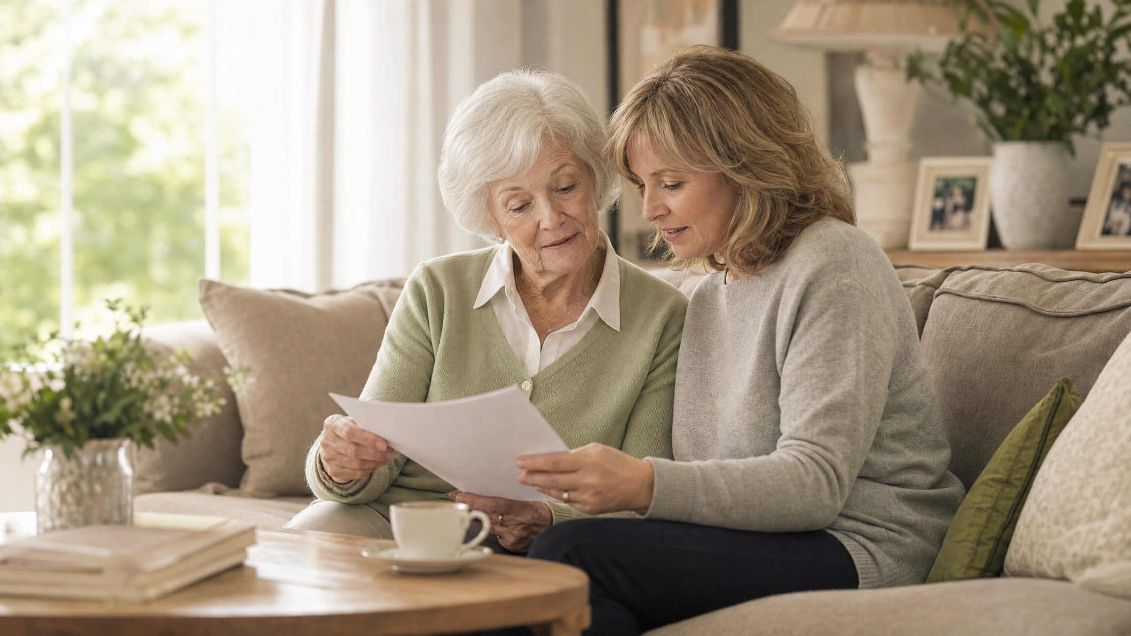 An older woman and her adult daughter reviewing a printed document together on a sofa in a bright condominium living room.