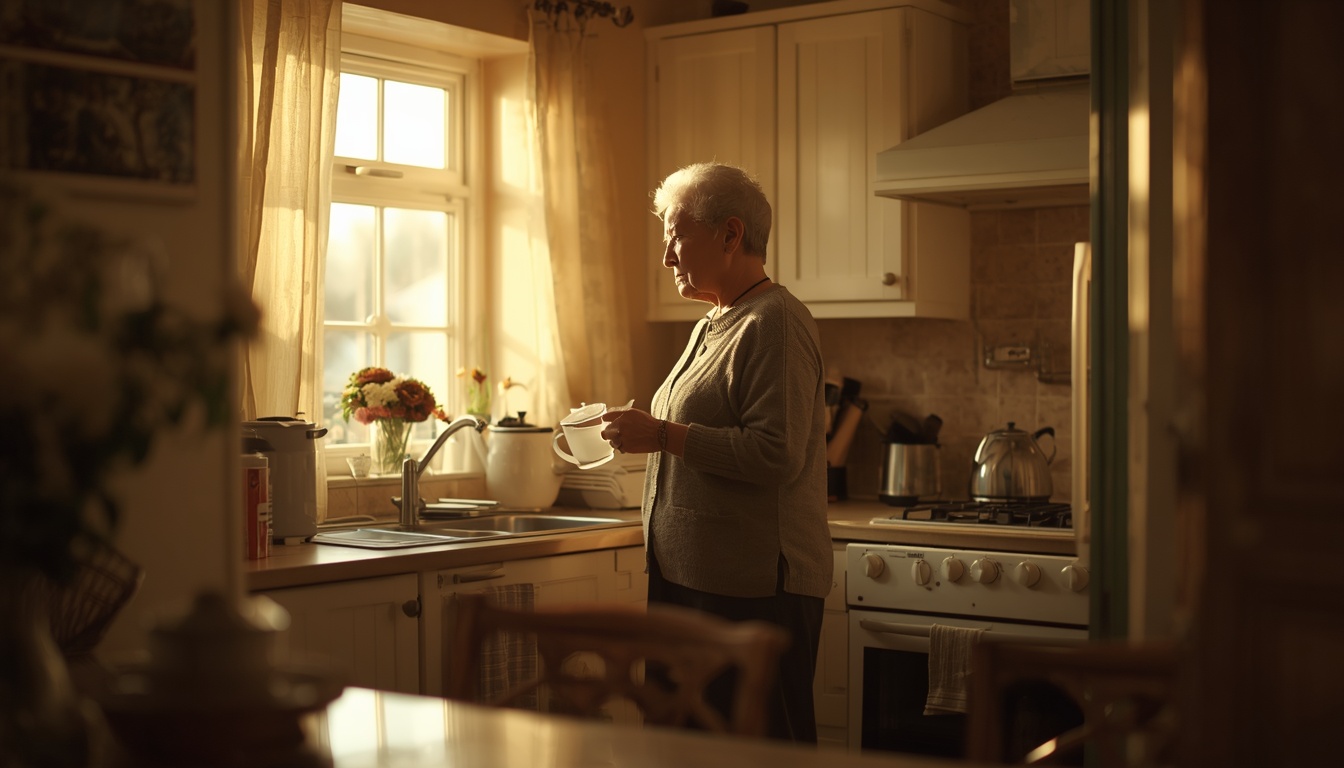An older woman standing at the counter of her own kitchen making tea while her adult daughter sits at the table nearby, talking with her
