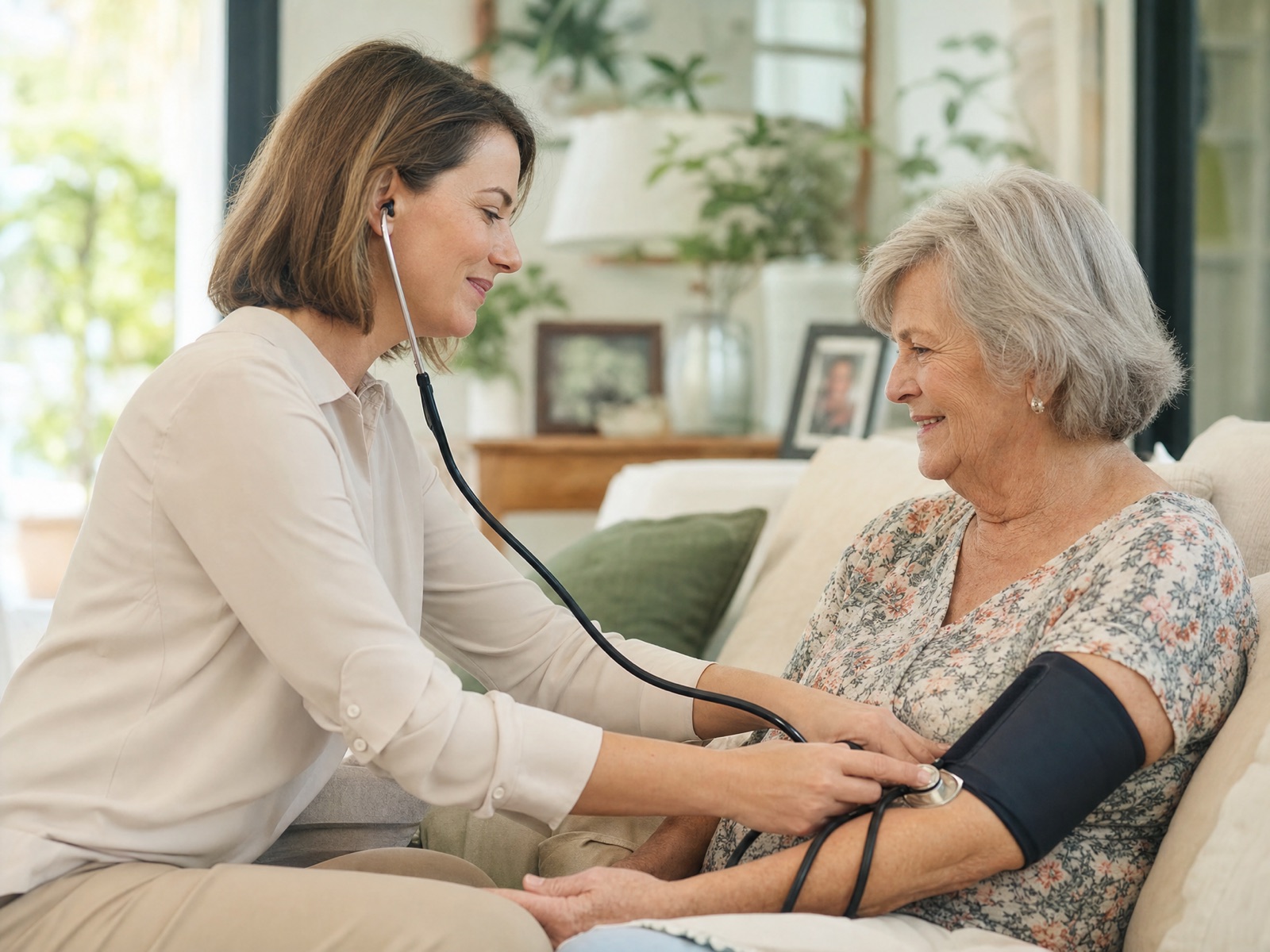 A registered nurse checking a seated older woman's blood pressure in a bright Southern California living room