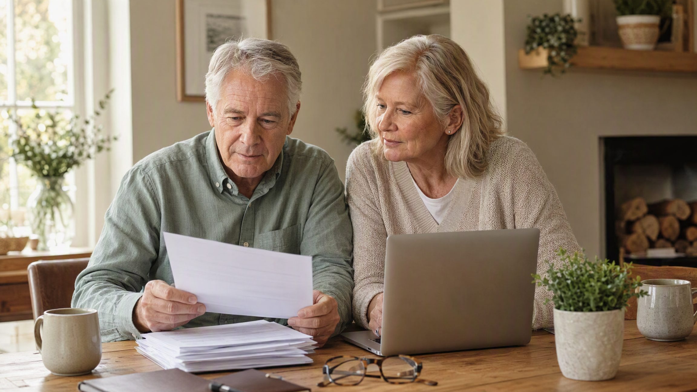 An older couple reviewing plan paperwork and a laptop together at a sunlit dining table while planning a season away from home.