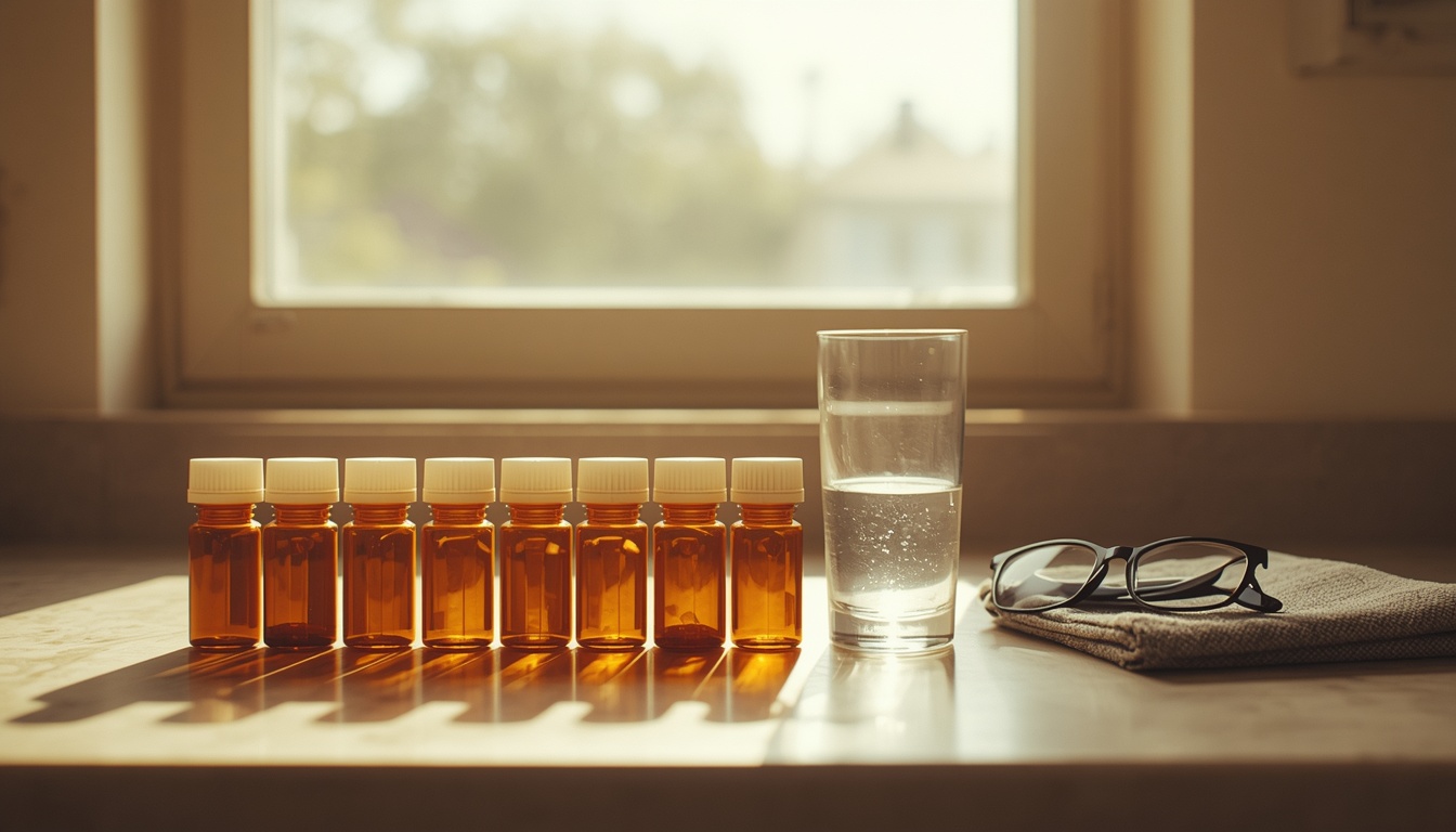A registered nurse reviewing an older adult's prescription bottles and printed medication list at a sunlit kitchen table during a summer heat wave, with a glass of water beside them.
