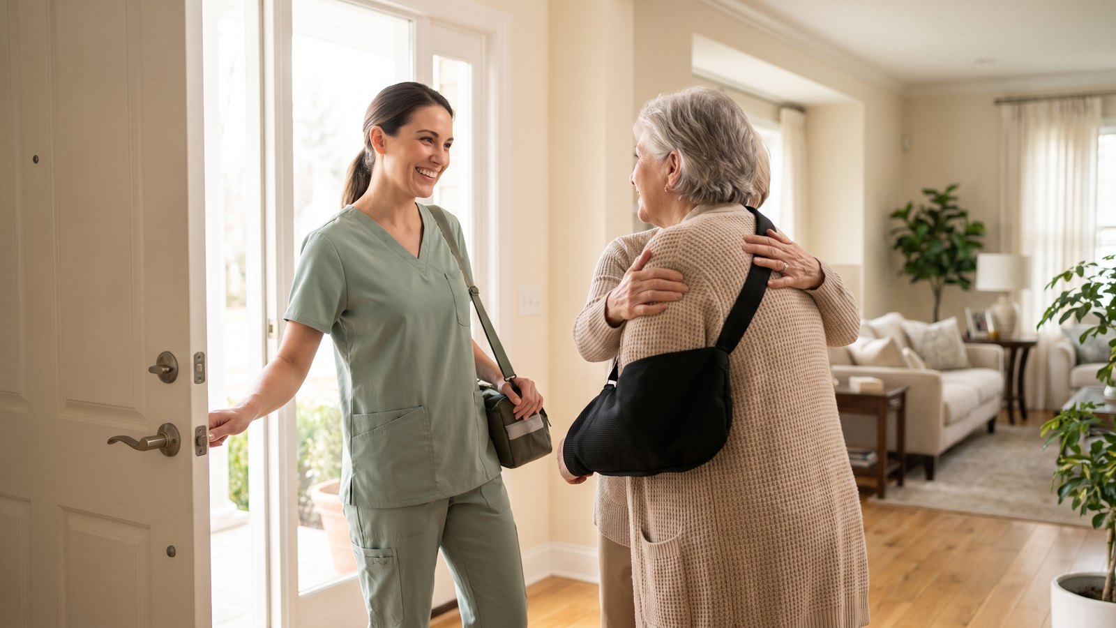 A registered nurse arrives at the front door of a sunlit home and is greeted by a woman in her sixties with one arm in a post-surgical sling.