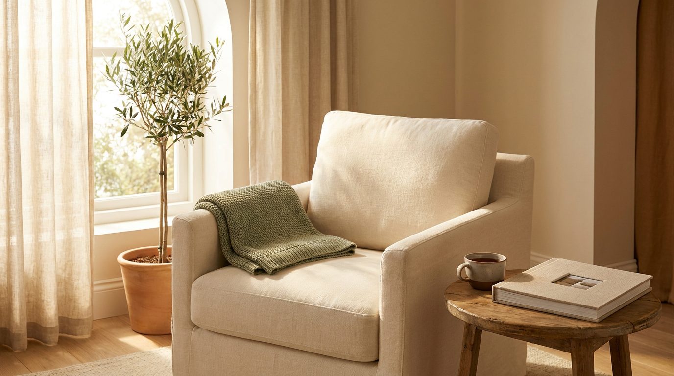 A sunlit living room corner with a cream armchair, a sage green throw, a cup of tea and a closed photo album on a small wooden table beside a potted olive tree.
