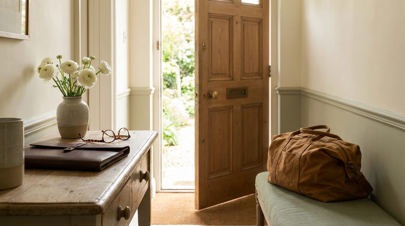 A quiet home entryway with a leather folder and reading glasses on a console table, an overnight bag on a bench and the front door open to a garden path.