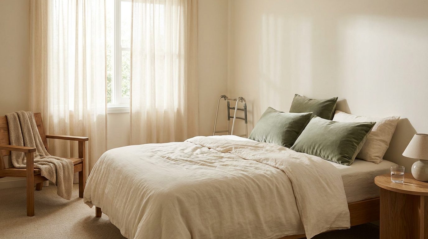 A calm bedroom set up for recovery, with a made bed, a firm wooden armchair, a folded walker against the wall and a glass of water on the nightstand.