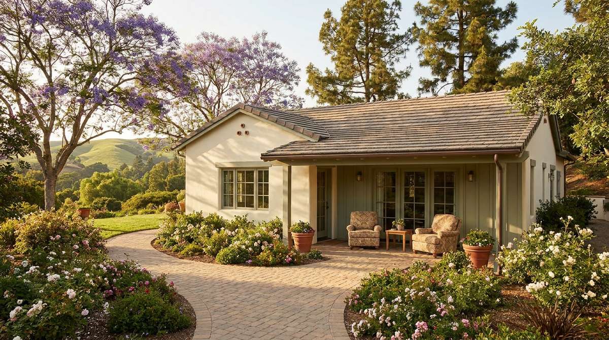 Illustration of a single-story stucco cottage with a small covered patio, two cushioned chairs, flowering shrubs and a level brick walkway under jacaranda and pine trees, with green hills behind.