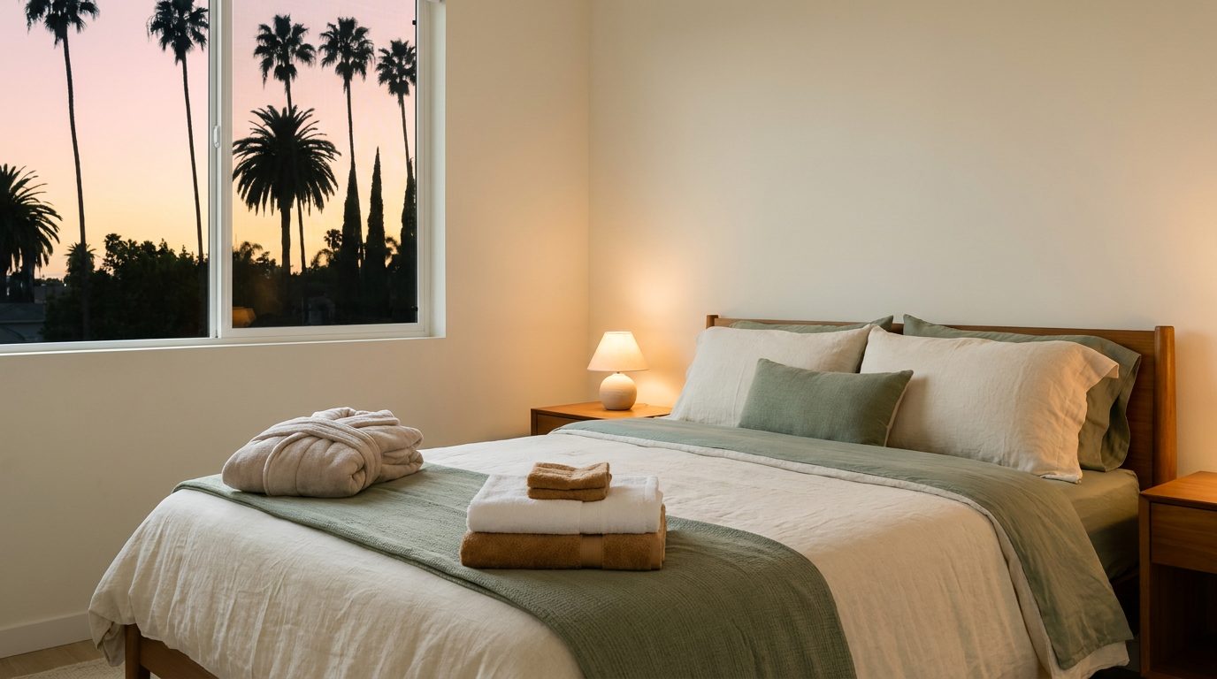 A guest bedroom prepared for a live-in caregiver at dusk, with folded towels and a robe on the bed, a lamp glowing and palm trees outside the window.