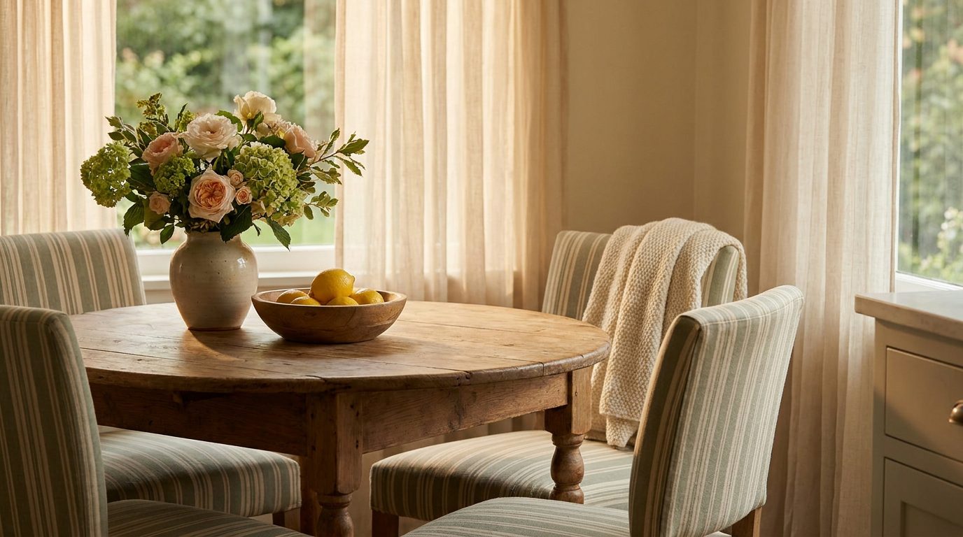 A sunlit kitchen nook in a family home, with a round wooden table, striped chairs, a vase of garden flowers, a bowl of lemons and a knit blanket over one chair.