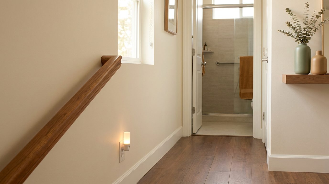 A clear, uncluttered hallway with a wooden handrail along the wall and a plug-in night light near the floor, leading to a bathroom with a grab bar in the shower.