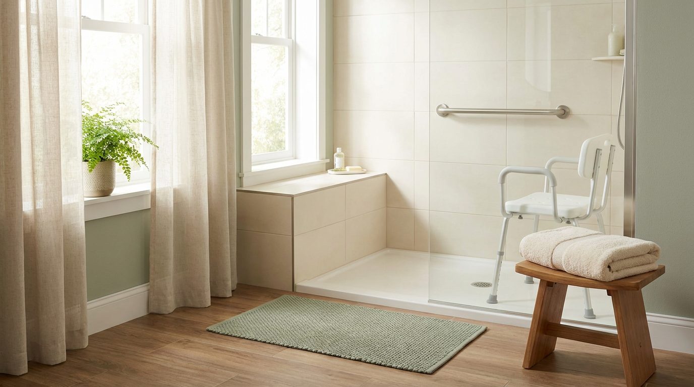 A bright bathroom set up for recovery, with a shower chair in a walk-in shower, a grab bar on the tiled wall, a non-slip mat and a folded towel on a wooden stool.