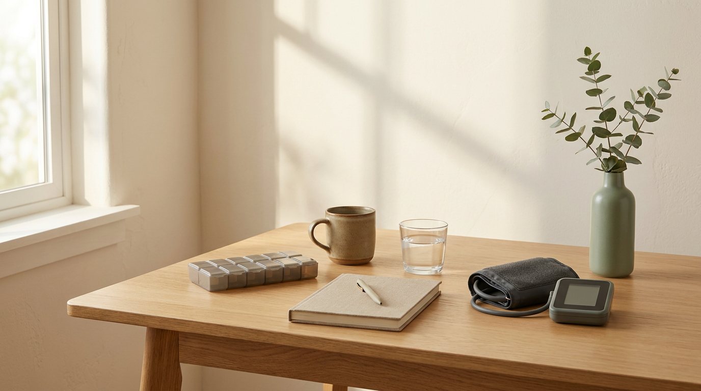 A light oak table by a sunny window with a closed weekly pill organizer, a ceramic mug, a glass of water, a closed notebook and pen, and a coiled upper-arm blood pressure cuff with its monitor turned off.