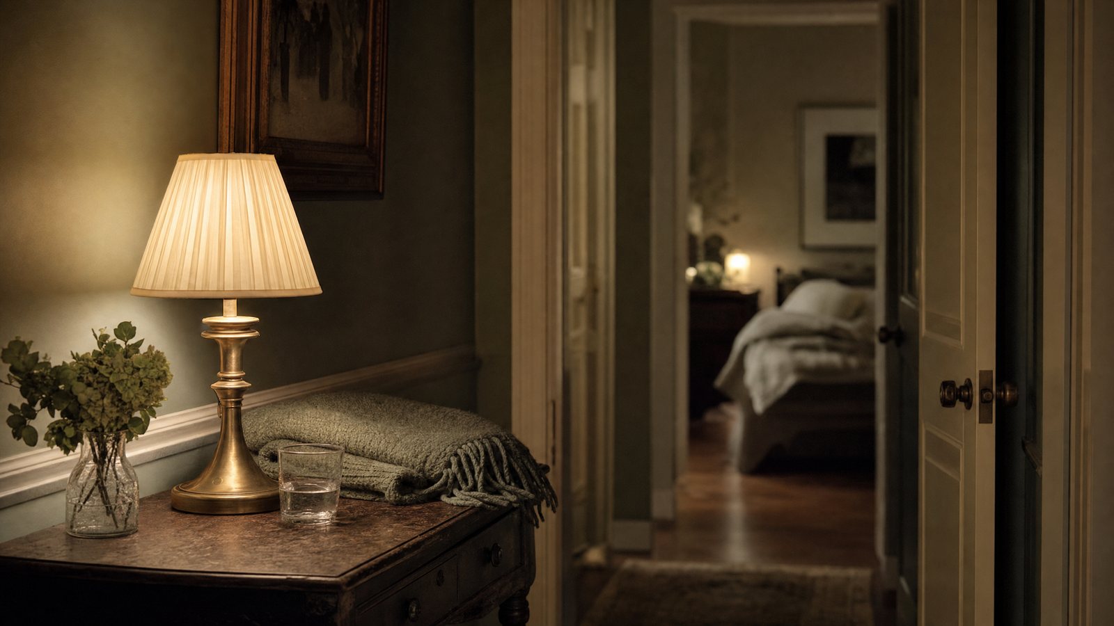 A brass table lamp lit at night in a hallway, a folded blanket and a glass of water beside it, with an open door to a bedroom beyond.