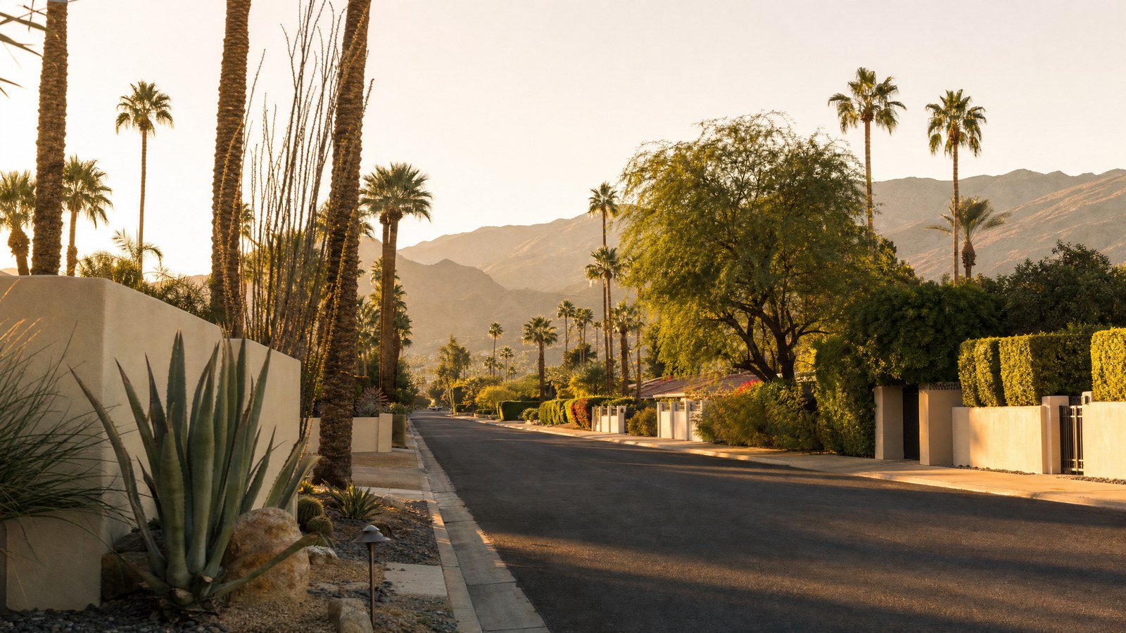 A Palm Springs residential street lined with palm trees at golden hour, with desert mountains in the distance.