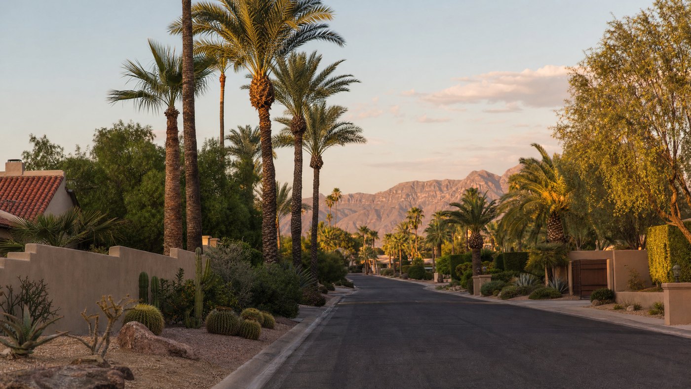 A quiet Palm Springs residential street at golden hour, lined with palm trees and desert plants, with mountains in the distance.