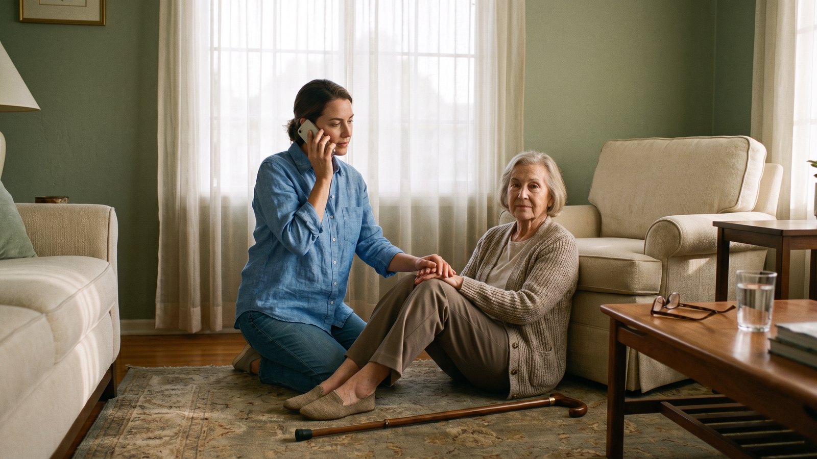 A woman kneels on the living room floor beside her elderly mother, who is sitting on the rug leaning against an armchair with her walking cane on the floor nearby. The daughter holds her mother's hand while speaking on the phone.