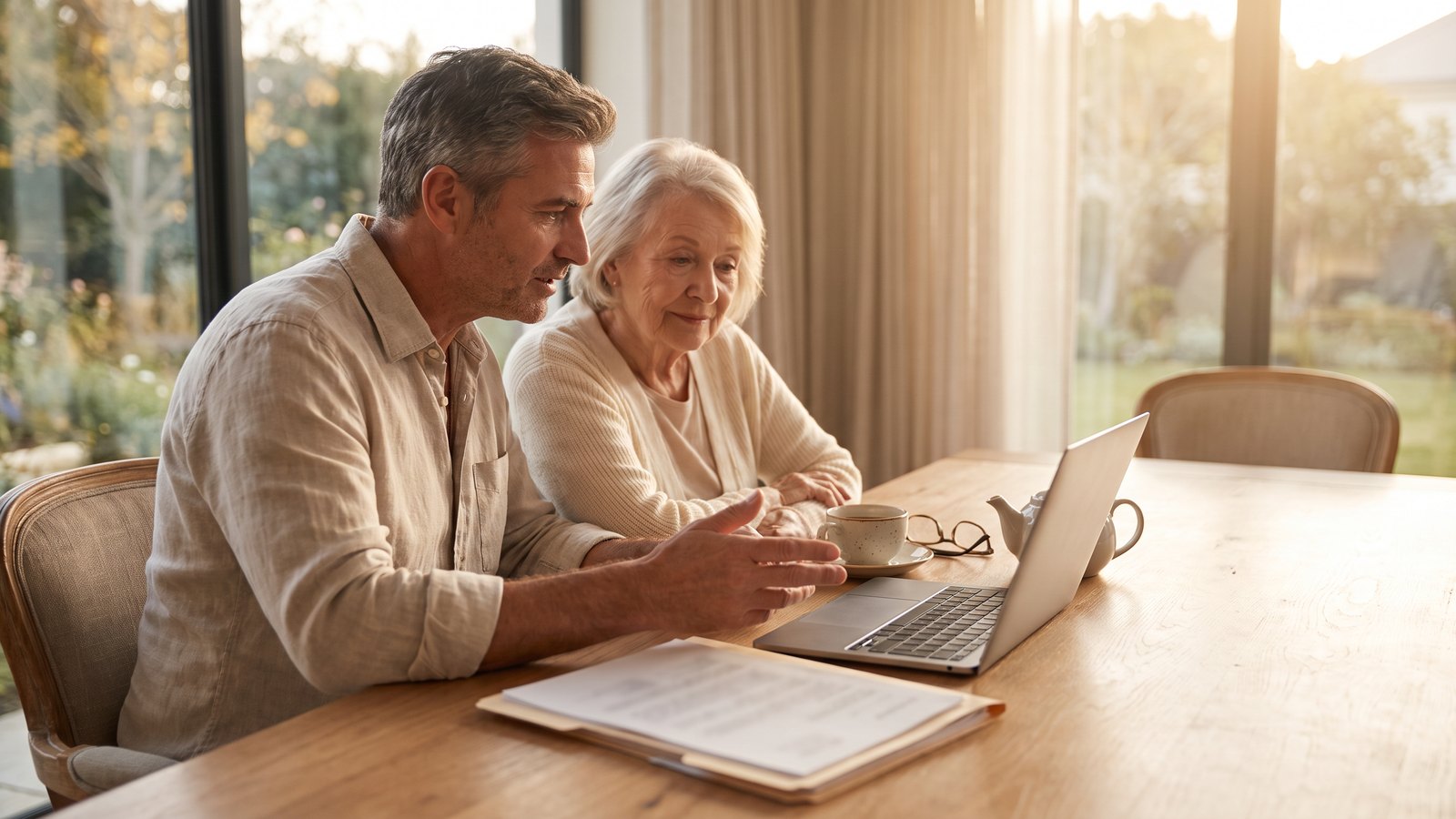 An adult son and his mother sit together at a dining table with a laptop and paperwork, working through the cost of her care in warm afternoon light.