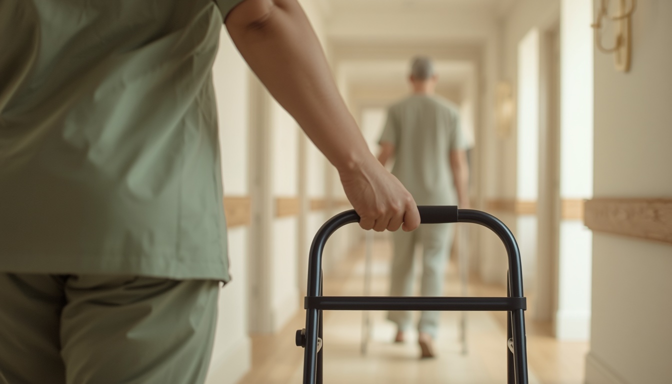 A nurse's hand steadying a walker in a bright hallway while a patient in recovery clothing walks ahead, supported after surgery.
